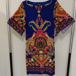 Enfocus Studio Blue/Multicolor Bold Print Stretch Dress Size 8